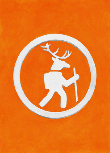 Hand painted artwork of a hiking deer based on trail markers in the Maine woods.