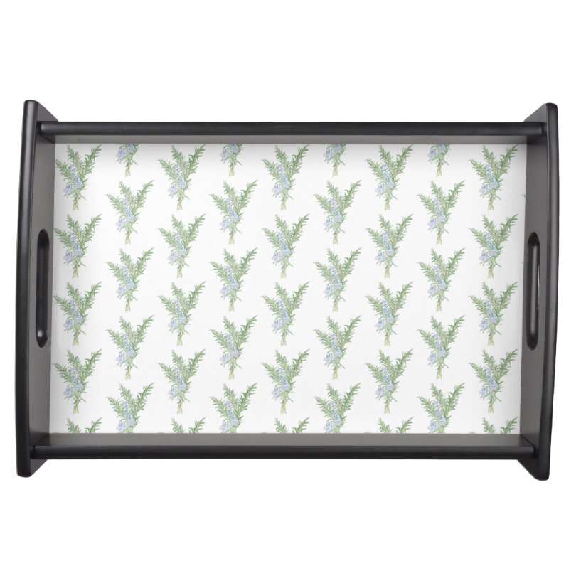 Wooden serving tray printed with pattern of rosemary plant botanical illustrations.