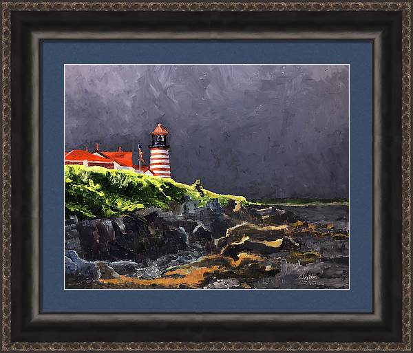 West Quoddy Lighthouse Painting framed. Custom framed Maine Lighthouse