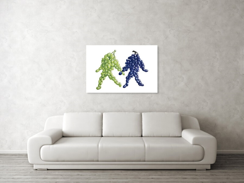 An Illustration of two pairs of grapes walking and holding hands hanging as wall art above a couch
