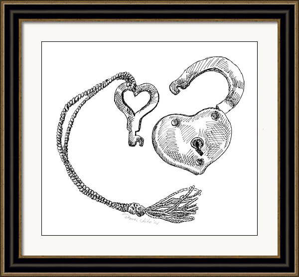 Custom framed print of a Pen and Ink drawing of an antique lock and key