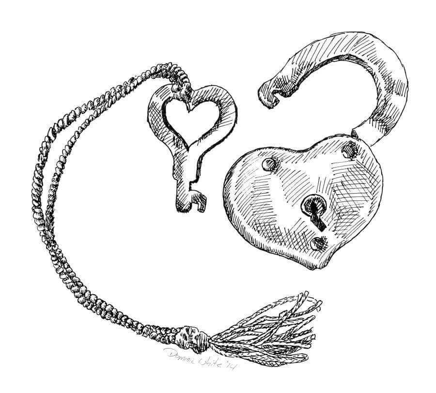 Art shaped heart and pen and ink drawing
