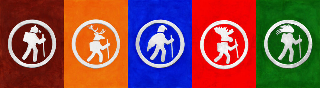 hand painted trail markers depicting hiking animals on different bold color backgrounds