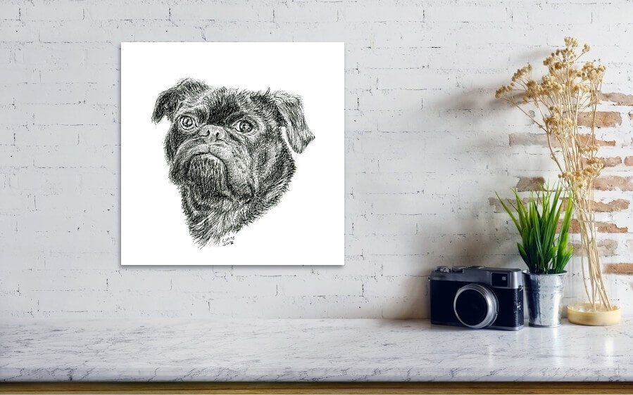 Print of a black and white drawing of a pug wall art
