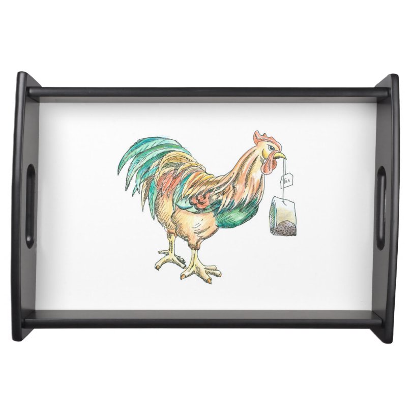 Serving tray with illustration of a rooster holding a tea bag in its beak