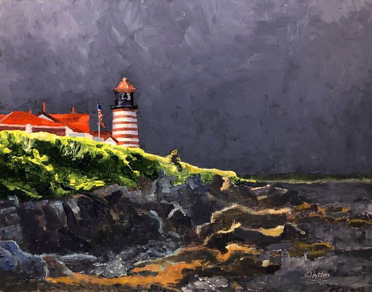 A painting of West Quoddy lighthouse on prints and products.